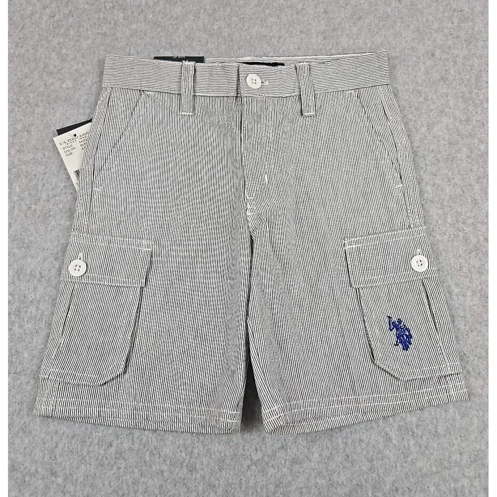 US Polo Assn Boys Size 4T Shorts Flat Front Cargo Pockets Blue Pin‎ Stripped NWT